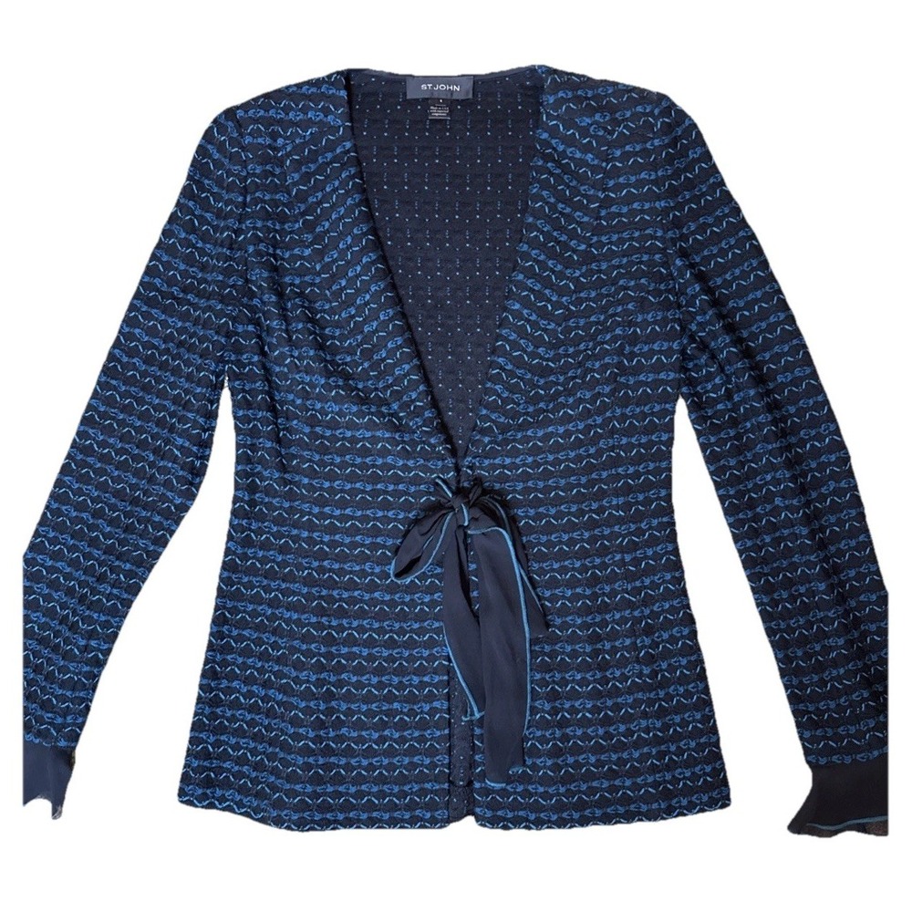 ST JOHN Women's 4 Knit Jacket /Blazer Black/Teal with Removable Ruffle at Wrists